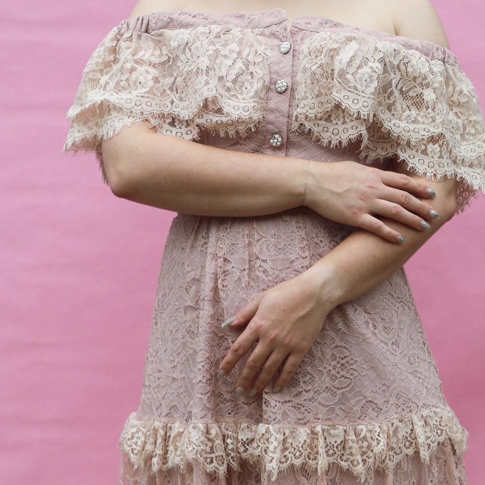 Lace Off the Shoulder Baby Pink Lace Dress
